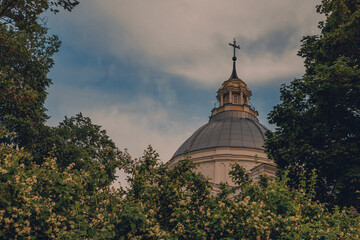 Saints Peter and Paul Cathedral steeple in Daugavpils, Latvia, catholic church in small European town