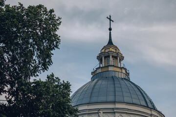 Saints Peter and Paul Cathedral steeple in Daugavpils, Latvia, catholic church in small European town