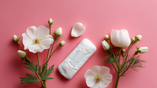 A white sanitary pad lies neatly on a pink background surrounded by soft pink daisies green leaves and flower buds symbolizing freshness femininity hygiene and natural menstrual care