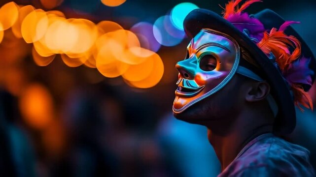 A person wearing a shimmering mask and hat, bathed in colorful lights.  Bokeh effect from surrounding lights