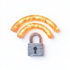 A metallic padlock beneath two textured, orange Wi-Fi signal arcs symbolizing secured wireless network or internet security.