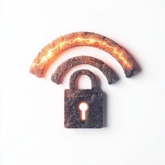 A textured lock icon with Wi-Fi signal arcs, where the top arc is glowing with fiery electric effects, symbolizing secure wireless connectivity or cybersecurity.