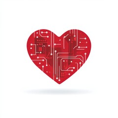 A red heart-shaped circuit board symbolizing the fusion of technology and emotion or digital love.