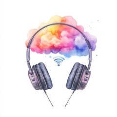 Headphones surround a colorful cloud with a Wi-Fi symbol, symbolizing wireless music, digital connectivity, and cloud-based audio streaming.