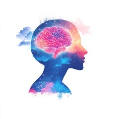 A colorful silhouette of a human head filled with a cosmic night sky and a detailed, glowing brain illustration inside.