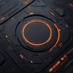 Futuristic black circuit board with glowing orange circular core and intricate patterns, showcasing advanced technology and digital design.