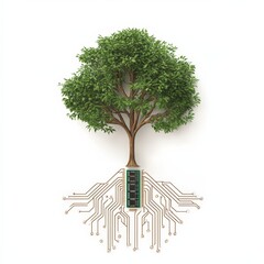 A green tree with circuitry roots connected to a microchip, symbolizing the fusion of nature and technology.