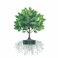 A digitally illustrated tree with vibrant green leaves grows from a circuit board, symbolizing the fusion of nature and technology.