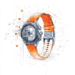 A detailed artistic sketch of a wristwatch with an orange strap, combining technical drawing elements and watercolor effects.