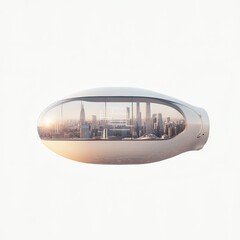 A futuristic, sleek, pod-like vehicle with clear sides reveals a modern cityscape inside, blending advanced transport design with urban architecture.