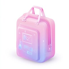 Futuristic pink and purple gradient backpack with holographic digital icons and user interface elements on a clean white background