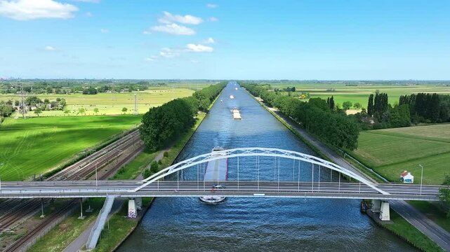 Aerial from shipping on the Amsterdam Rijn canal at Loenersloot bridge in the Netherlands 