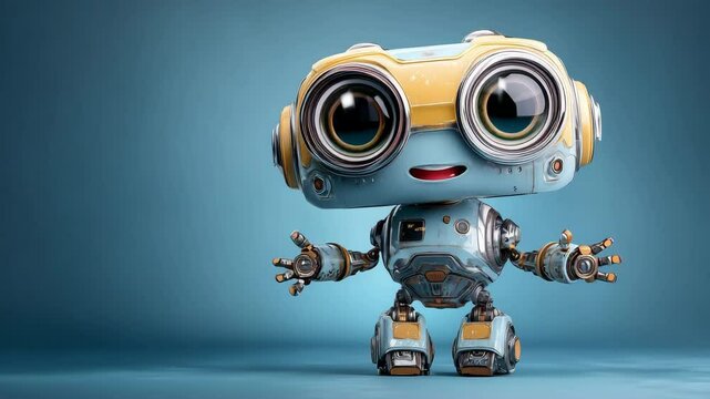 Cute dancing robot with big eyes futuristic toy character on blue background charming AI assistant in motion happy expressive pose playful sci fi design entertainment technology concept
