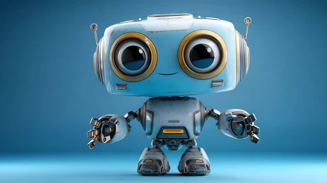 Cute cartoon robot with big eyes smiling and talking standing on blue background friendly futuristic artificial intelligence character for technology or kids content