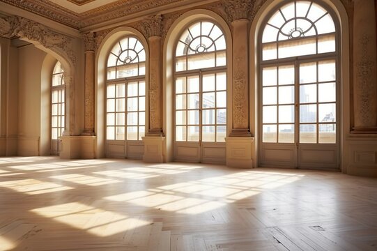 Large unfurnished medieval-style VCIS room with a large window on one side, smooth champagne-colored marble floor, baroque details, in a warm atmosphere