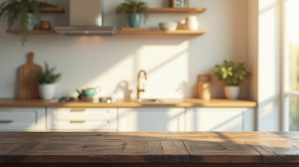 Wood tabletop in modern Scandinavian style kitchen with blurred cabinets, warm sunlight, and cozy home decor elements