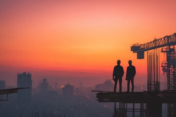 Progress vision rise: Businessman stands before cityscape under construction, investment growth, capital flow, enterprise launch, urban shift, economic goal, venture push, market advance, success path