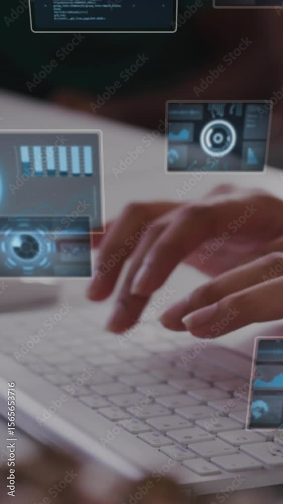 Poster animation of data processing and scope scanning over woman using computer