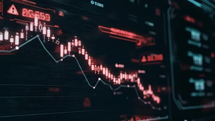 Digital financial graph plunging into steep red nosedive, flickering data points, flashing stock codes, alarms and system warning effects
- Powered by Adobe