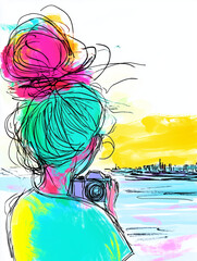Vibrant sketch of woman taking photo with colorful hairstyle