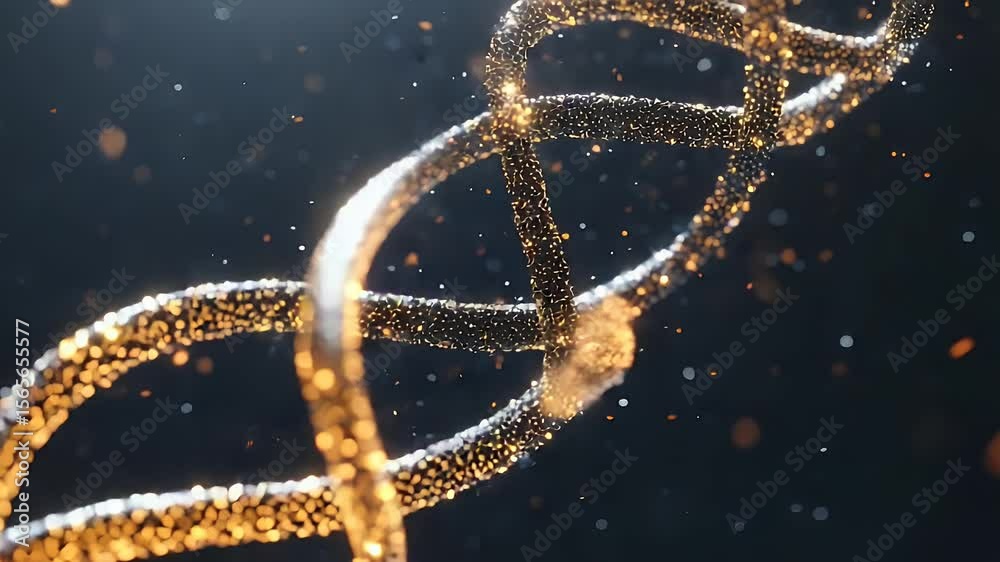 Poster abstract dna strand visualization with glowing particles spiraling against a dark background creatin