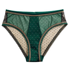 Elegant emerald green lingerie panty with gold trim and delicate lace detailing against a black background for a luxurious aesthetic