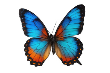 Fototapeta premium Vibrant blue and orange butterfly with open wings, isolated on transparent background, showcasing intricate details and delicate patterns