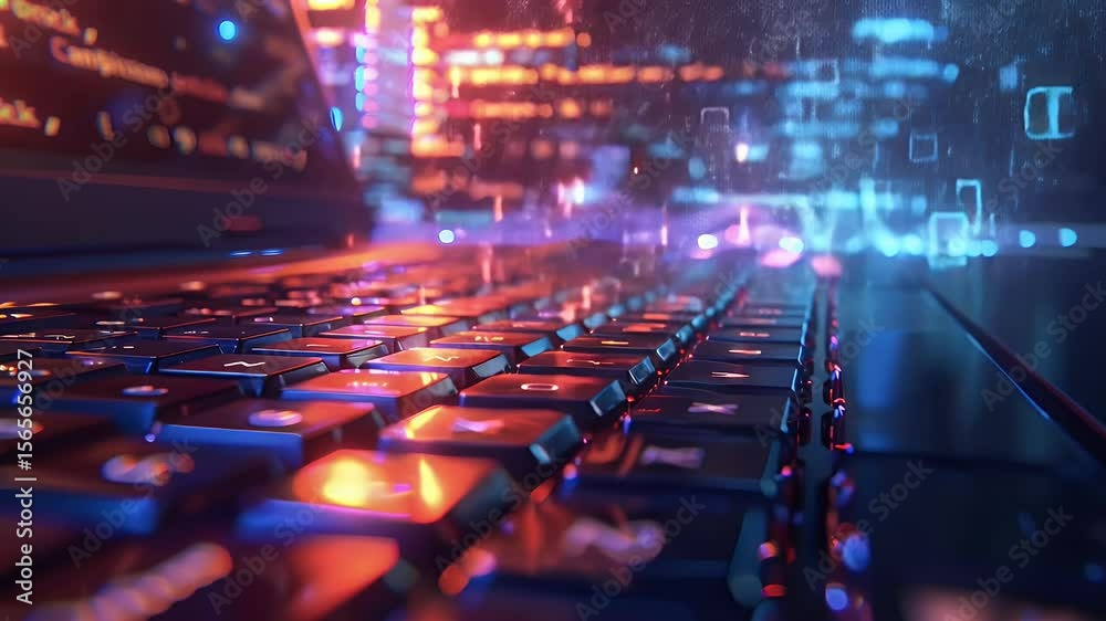 Poster close-up of illuminated laptop keyboard featuring binary code elements and a blurred futuristic back