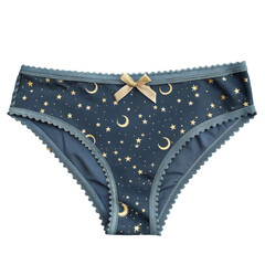 Celestial patterned navy blue panty with golden stars and crescent moons, a delicate bow embellishment for intimate apparel design.