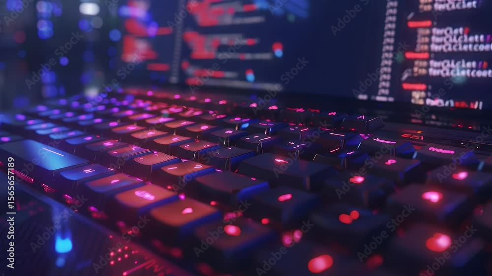 Poster illuminated laptop keyboard with vibrant red and blue lights displaying coding information digital c