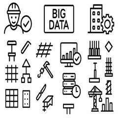 A comprehensive collection of black outline icons representing various aspects of construction, industrial engineering, and big data management.
