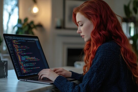 A young woman with vibrant red hair is engrossed in coding on her laptop, showcasing her expertise in software development.