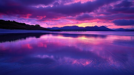 Serene purple sunset over a tranquil beach.
