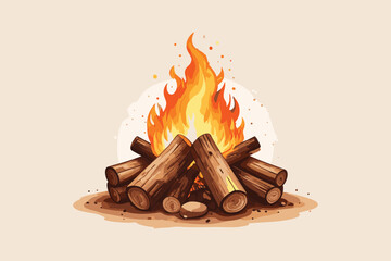 Campfire with Burning Logs Vector Illustration on Beige Background