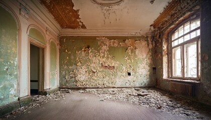 Fototapeta premium a room with peeling walls in an old abandoned building