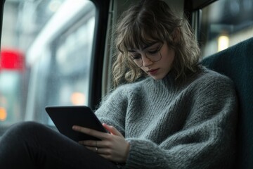 Young woman with glasses sits on a bus, engrossed in reading an e-reader.