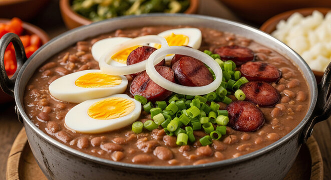 Tutu de feij&atilde;o mineiro servido em panela r&uacute;stica, com lingui&ccedil;a, ovos cozidos e cebolinha fresca. Imagem gerada por IA