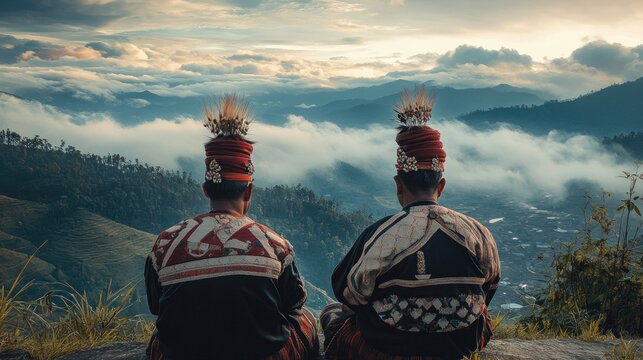 A stunning inspired depiction of image of men wearing traditional Mizo attire against a scenic backdrop