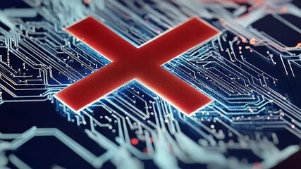 Red X symbol overlaying a circuit board conceptualizing error or failure with glowing blue and red accents. - Powered by Adobe