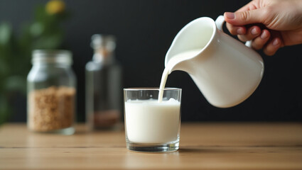 Close up of man hand pouring milk from jug to glass on a rustic wooden table