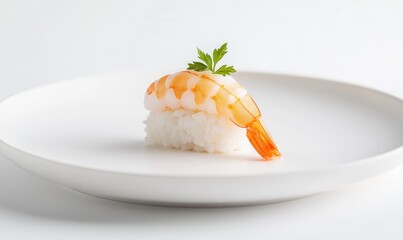 Ebi nigiri, a delicate sushi presentation on soft white dish