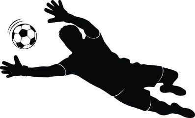 Black silhouette of a soccer goalkeeper diving to catch a ball football goalie