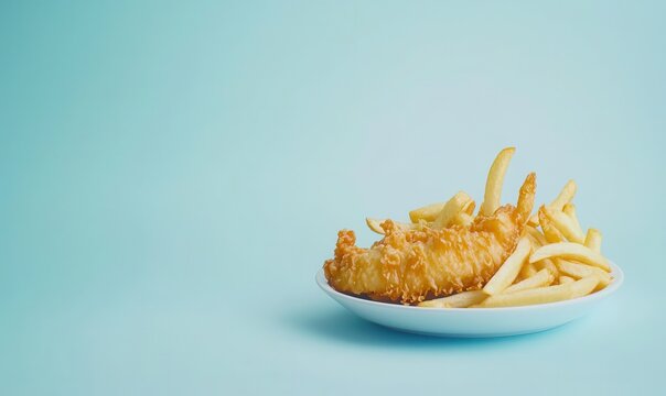 Fresh fish and chips on white plate against blue background - Powered by Adobe