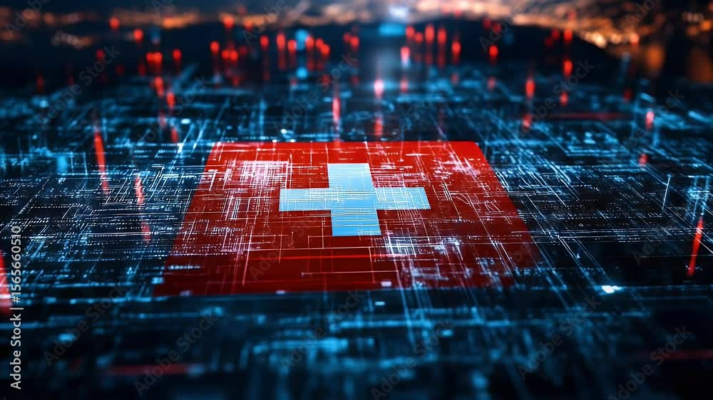 Poster generic flag depicted on a digital circuit board with data streams and illuminated cityscape backgro