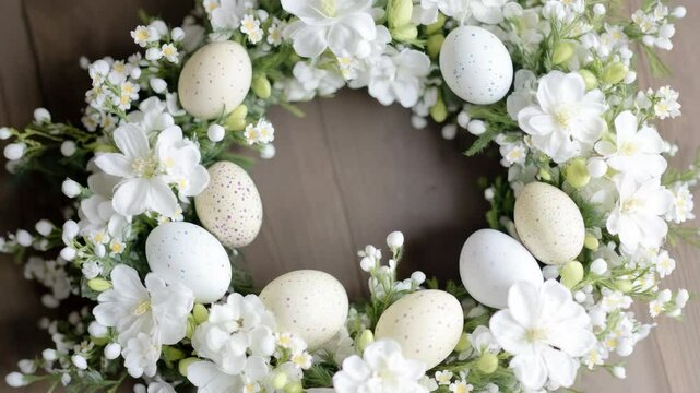 Handmade wreath of artificial flowers interspersed with colorful Easter eggs, arranged in a circular fashion on a table for a celebratory centerpiece.