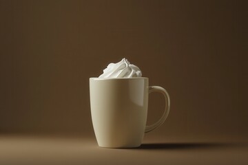 Hot chocolate topped with whipped cream in a ceramic mug on a brown background
