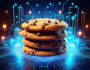 a stack of chocolate chip cookies is surrounded by glowing digital circuit lines symbolizing the fusion of technology and everyday life in a futuristic conceptual illustration