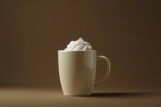 Hot chocolate topped with whipped cream in a ceramic mug on a brown background - Powered by Adobe
