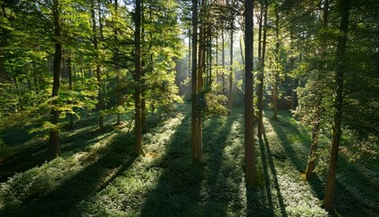 Obraz premium dense foliage of tall trees in a forest canopy from above with sunlight filtering through the leaves creating dappled shadows on the forest floor trees dappled