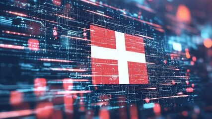 Abstract digital illustration of the flag overlaid on a network of glowing lines and data streams in red and blue colors - Powered by Adobe